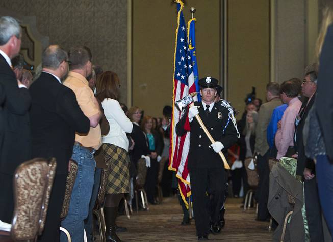 The City of Henderson Fire Department Color Guard posts the colors during the State of the City address at Green Valley Ranch Wednesday, Feb. 5, 2014.