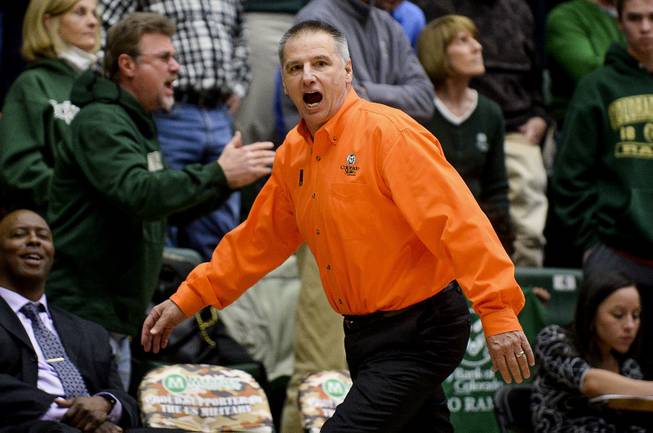 Colorado State coach Larry Eustachy yells after a play in the NCAA college basketball game against UNLV on Wednesday, Feb. 5, 2014, at Moby Arena in Fort Collins, Colo.