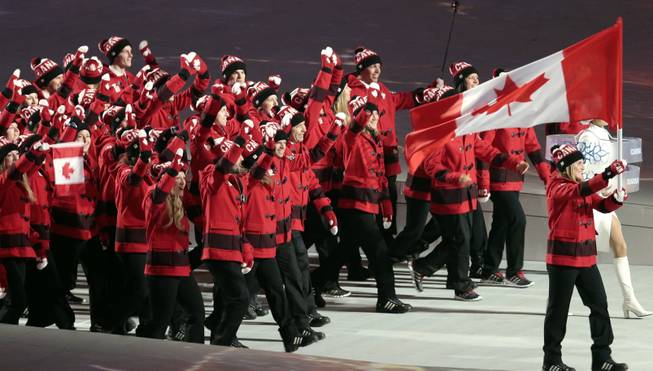 Hayley Wickenheiser of Canada carries her country flag as they arrive during the opening ceremony of the 2014 Winter Olympics in Sochi, Russia, Friday, Feb. 7, 2014.