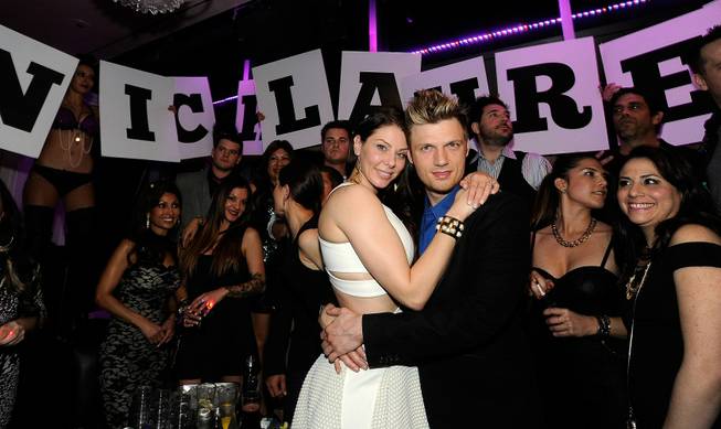 Nick Carter and Lauren Kitt celebrate their joint bachelor and bachelorette parties at Ghostbar on Saturday, Feb. 8, 2014, in the Palms.