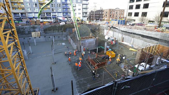 The construction site in Seattle where workers discovered what is believed to be an ice age mammoth tusk is shown Wednesday, Feb. 12, 2014. 