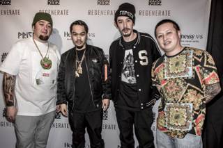 Austin “Chumlee” Russell, left, and friends attend Jabbawockeez’s premiere of “Regenerate” on Monday, Feb. 17, 2014, at Luxor.

