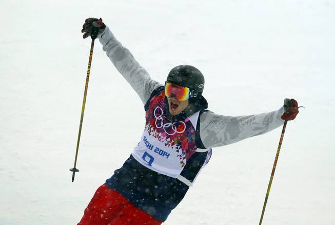 David Wise of the United States reacts after a run during the men's ski halfpipe final at Rosa Khutor Extreme Park at the 2014 Winter Olympics on Tuesday, Feb. 18, 2014, in Krasnaya Polyana, Russia.