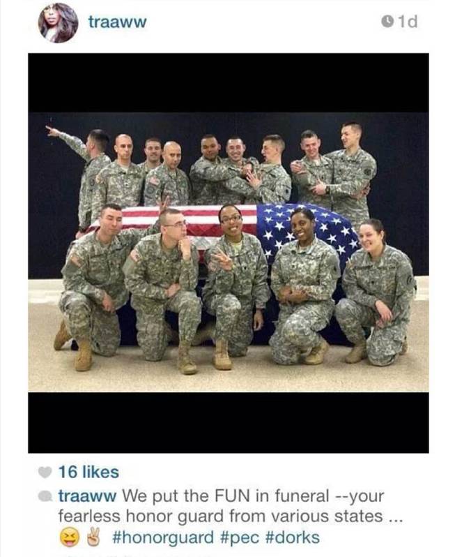 This photo posted to the instagram account belonging to Spc. Terry Harrison shows a dozen soldiers clowning around a casket draped in a flag at a National Guard training facility in Arkansas. The Wisconsin National Guard on Tuesday, Feb. 18, 2014, announced that it had suspended Harrison from honor guard duties after she apparently posted the photo.