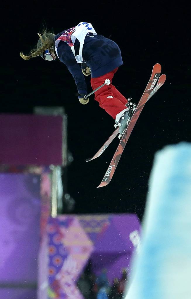 Gold medalist Maddie Bowman of the United States catches air during her second run in the women's ski halfpipe at the Rosa Khutor Extreme Park, at the 2014 Winter Olympics, Thursday, Feb. 20, 2014, in Krasnaya Polyana, Russia. 