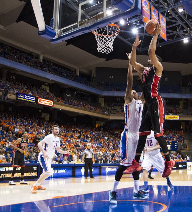 Khem Birch goes up for a shot in UNLV's 91-90 overtime loss to Boise State at Taco Bell Arena in Boise on Saturday, Feb. 22, 2014.