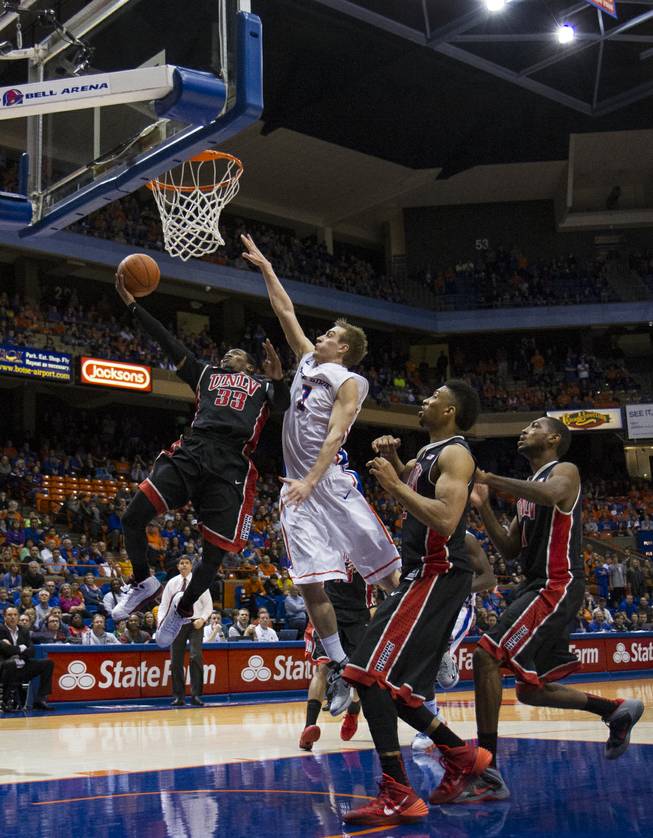 UNLV guard Deville Smith goes for a layup in UNLV's 91-90 overtime loss to Boise State at Taco Bell Arena in Boise on Saturday, Feb. 22, 2014.