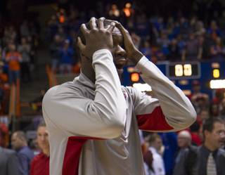 UNLV forward Demetris Morant is stunned by the ending of UNLV's 91-90 overtime loss to Boise State at Taco Bell Arena in Boise on Saturday, Feb. 22, 2014.