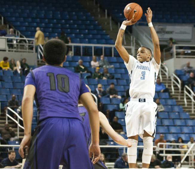Jordan Davis pulls up for a mid-range jumper Thursday, Feb. 27, 2014 as Canyon Springs defeats Spanish Springs 66-51 in the semifinals of the Nevada State Championships at Lawlor Events Center in Reno.
