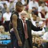 San Diego State coach Steve Fisher talks with forward Winston Shepard during their Mountain West Conference game against UNLV Wednesday, March 5, 2014 at the Thomas & Mack Center. The Aztecs won 73-64.