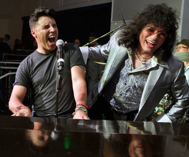 Frankie Moreno and Paul Shortino perform together during Las Vegas Weekly's Unscripted Party featuring Stifler in the Havana Room on Tuesday, March 4, 2014, at the Tropicana.