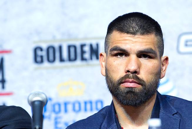 Super welterweight boxer Alfredo Angulo attends a news conference at the MGM Grand Thursday, March 6, 2014. Angulo and Canelo Alvarez, both of Mexico, will fight at the MGM Grand Garden Arena on Saturday.