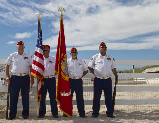 A Marine Corps Honor Guard (RET) readies for the presentation of colors during the Horses4Heroes ribbon cutting grand opening event at Tule Springs on Thursday, March 06, 2014.