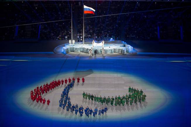 Actors perform at the Fisht Olympic stadium during the opening ceremony of the 2014 Winter Paralympics in Sochi, Russia, Friday, March 7, 2014. 
