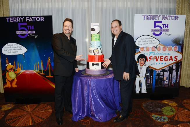 Terry Fator and Trevor Scherrer at Fator’s fifth-anniversary celebration Friday, ...