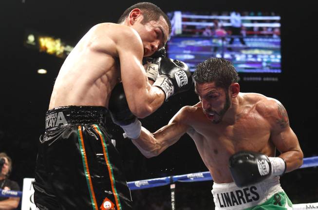 Nihito Arakawa of Japan takes a punch from Jorge Linares of Venezuela during their lightweight fight at the MGM Grand Garden Arena on Saturday, March 8, 2014.
