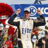 Brad Keselowski celebrates in victory lane after winning the Kobalt 400 NASCAR Sprint Cup Series race Sunday, March 9, 2014, at Las Vegas Motor Speedway.