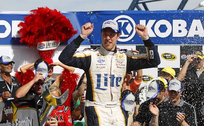 Brad Keselowski celebrates in victory lane after winning the Kobalt 400 NASCAR Sprint Cup Series race Sunday, March 9, 2014, at Las Vegas Motor Speedway.