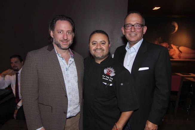 From left: Craig Gilbert, Chef Saul, and Michael Frey at the Viva Max! benefit dinner for Max Jacobson hosted at Luxor's Tacos & Tequila restaurant Thursday, March 13, 2014.  All proceeds went toward the recovery of Max Jacobson.