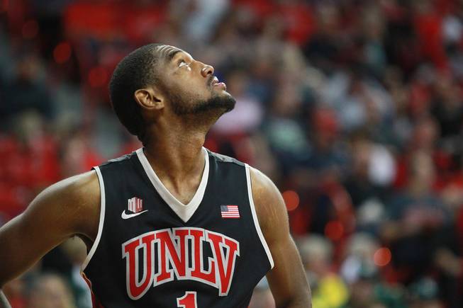 UNLV forward Roscoe Smith looks up at the scoreboard during their Mountain West Conference semifinal game  against San Diego State Friday, March 14, 2014 at the Thomas & Mack Center. The #8 ranked San Diego State Aztecs won 59-51 to advance to the finals.