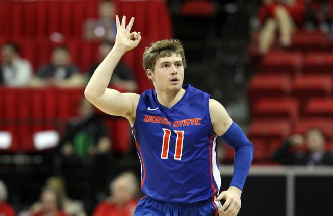 Boise State's Jeff Elorriaga gestures after sinking a 3-point shot during the first half of an NCAA college basketball game against New Mexico in the semifinals of the Mountain West Conference men's tournament Friday, March 14, 2014, in Las Vegas. (AP Photo/Isaac Brekken)