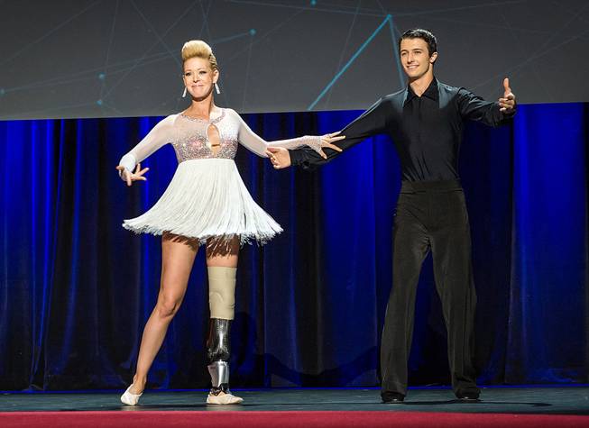 Adrianne Haslet-Davis performs onstage with Christian Lightner at the 2014 TED Conference on Wednesday, March 19, 2014, in Vancouver, B.C. 