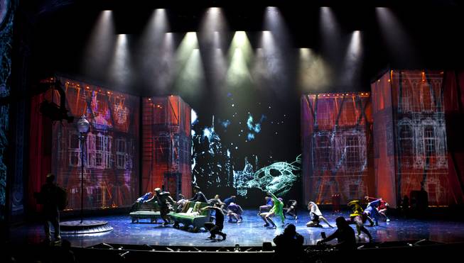 A dance number commands the stage during the One Night for ONE DROP exclusive dress rehearsal in the Michael Jackson ONE Theatre on Thursday, March 20, 2014.