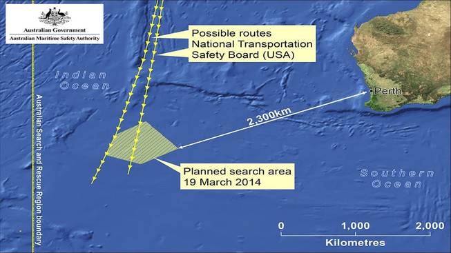 This graphic made Wednesday, March 19, 2014, shows an area in the southern Indian Ocean that the Australian Maritime Safety Authority is concentrating on in its search for the missing Malaysia Airlines Flight MH370.
