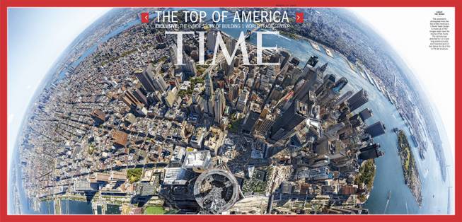 This image provided by Time Inc. shows the cover of the March 17, 2014, issue of Time Magazine, featuring a panoramic photo taken from atop 1 World Trade Center in New York. The image is made up of 567 images taken over the course of five hours and stitched together. The camera was attached to a 13-foot long aluminum pole and mounted just 10 feet below the tip of the 1,776 tall structure.