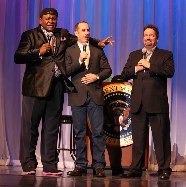George Wallace, with Jerry Seinfeld and Terry Fator, celebrates his 10th anniversary at the Flamingo on Friday, March 21, 2014, in Las Vegas.