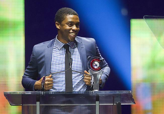 Male Star of Tomorrow Chadwick Boseman accepts his award at the Big Screen Achievement Awards during CinemaCon, the official convention of the National Association of Theatre Owners, at Caesars Palace Thursday, March 27, 2014.