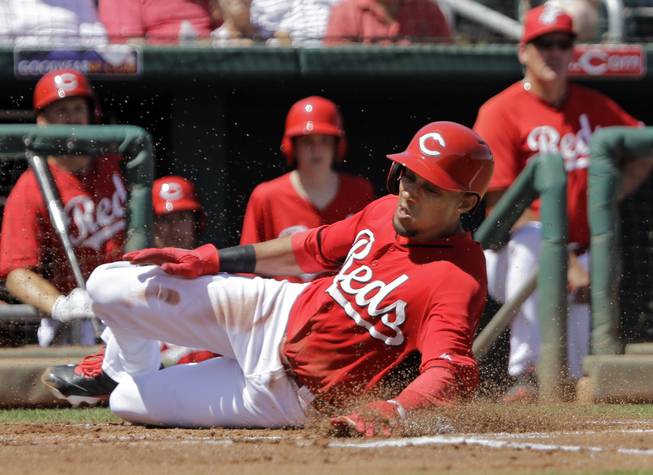Cincinnati Reds' Billy Hamilton slides home to score from third base on a ground out by Brandon Phillips in the first inning of a spring exhibition baseball game against the Arizona Diamondbacks on Thursday, March 27, 2014, in Goodyear, Ariz.