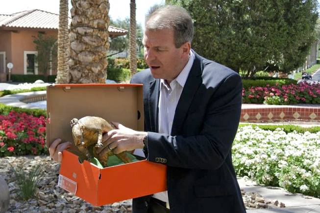 Director of Marketing for The Westin at Lake Las Vegas Matt Boland holds Willie Nelson's missing good luck charm armadillo and the box it was returned in April 1, 2014.