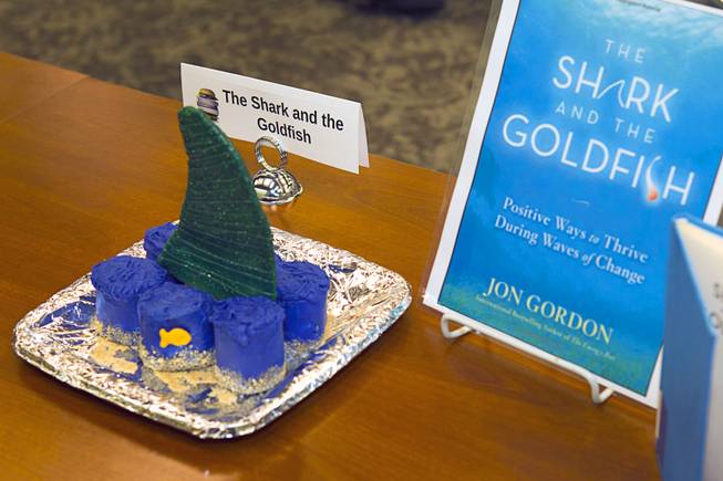A creation inspired by "The Shark and the Goldfish" by Jon Gordon is displayed during the 2014 Edible Book Festival at the UNLV Lied Library Tuesday, April 1, 2014. Students were challenged to create edible creations inspired by books.