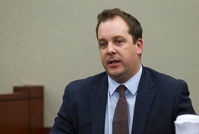 Scott Gilles, Nevada's chief elections deputy, testifies during a hearing for John Michael Schaefer, a candidate for Nevada state controller, at the Regional Justice Center Thursday, April 3, 2014. Election officials want the court to remove Schaefer from the Democratic primary ballot because they contend he doesn't meet residency requirements.