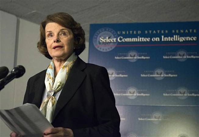 Senate Intelligence Committee Chair Sen. Dianne Feinstein, D-Calif. speaks after a closed-door meeting on Capitol Hill in Washington, Thursday, April 3, 2014, after the panel voted to approve declassifying part of a secret report on Bush-era interrogations of terrorism suspects. Members of the intelligence community raised concerns that the committee failed to interview top spy agency officials who had authorized or supervised the brutal interrogations.