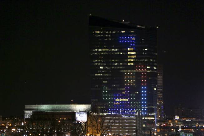 The classic video game Tetris is played on the 29-story Cira Centre in Philadelphia on Saturday, April 5, 2014, using hundreds of LED lights embedded in its glass facade. The spectacle kicks off a citywide series of events called Philly Tech Week and also celebrates the upcoming 30th anniversary of Tetris.
