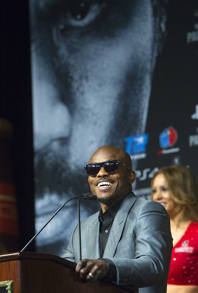 Undefeated WBO welterweight champion Timothy Bradley speaks during a news conference at the MGM Grand Wednesday, April 9, 2014. Manny Pacquiao of the Philippines will challenge Bradley at the MGM Grand Garden Arena on Saturday. The fight is a rematch to a June 9, 2012 fight that Bradley won.