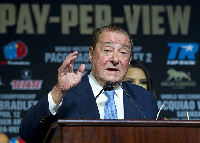 Boxing promoter Bob Arum, CEO of Top Rank, speaks during a boxing news conference at the MGM Grand Wednesday, April 9, 2014. Manny Pacquiao of the Philippines will challenge undefeated WBO welterweight champion Timothy Bradley at the MGM Grand Garden Arena on Saturday. The fight is a rematch to a June 9, 2012 fight that Bradley won.