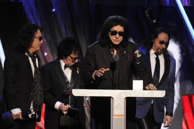 Hall of Fame Inductees KISS — Paul Stanley, Peter Criss, Gene Simmons and Ace Frehley — speak at the 2014 Rock and Roll Hall of Fame Induction Ceremony on Thursday, April, 10, 2014, in New York. 