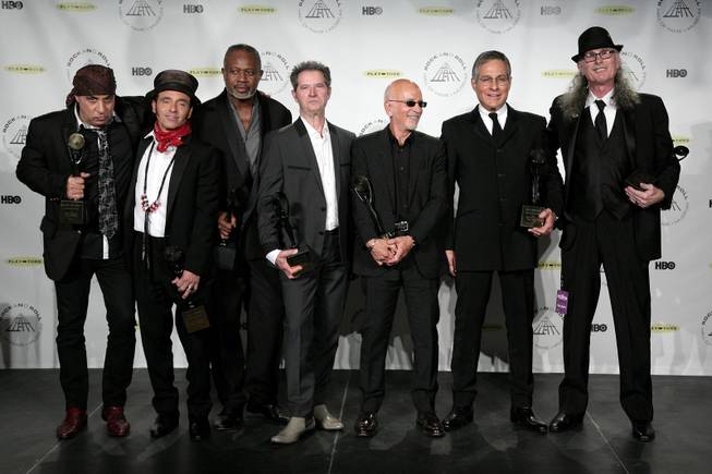 Hall of Fame Inductees, E Street Band, (L - R) Steven Van Zandt, Nils Lofgren, David Sancious, Garry Tallent, Roy Bittan, Max Weinberg, and Vini Lopez appear in the press room at the 2014 Rock and Roll Hall of Fame Induction Ceremony on Thursday, April, 10, 2014 in New York. 