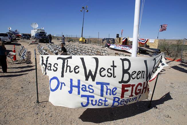 A gathering area for Bundy family supporters is shown near Bunkerville Sunday, April 13, 2014. The Bureau of Land Management halted their roundup of Bundy family cattle under an agreement reached Saturday.
