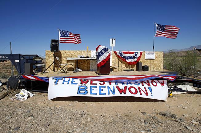 A stage is shown at a gathering area for Bundy family supporters near Bunkerville Sunday, April 13, 2014. The Bureau of Land Management halted their roundup of Bundy family cattle under an agreement reached Saturday.
