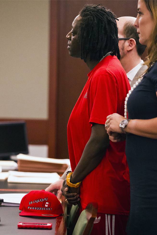 William Jonathan Drayton, Jr., aka Flavor Flav, appears before Judge Kathy Hardcastle flanked by lawyers at the Regional Justice Center on Monday, April 14, 2014.