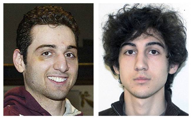 FILE - This combination of file photos shows brothers Tamerlan, left, and Dzhokhar Tsarnaev, suspects in the Boston Marathon bombings on April 15, 2013. Tamerlan Tsarnaev died after a gunfight with police several days later, and Dzhokhar Tsarnaev, was captured and is held in a federal prison on charges of using a weapon of mass destruction. A year after the bombings, prosecutors said they have a trove of evidence to use against Dzhokhar Tsarnaev, including surveillance video showing him placing one of the bombs just yards from Martin Richard, the 8-year-old boy who died in the blast. (AP Photos/Lowell Sun and FBI, File)