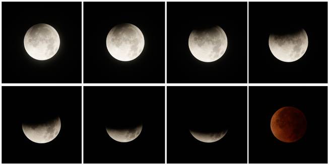 This eight picture combo shows a total lunar eclipse over Panama City, Panama, early Tuesday, April 15, 2014. Tuesday's eclipse is the first of four total lunar eclipses that will take place between 2014 to 2015.