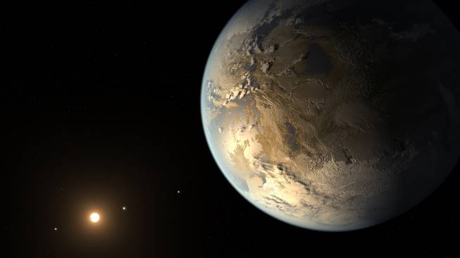 This artist's rendering provided by NASA on Thursday, April 17, 2014, shows an Earth-sized planet dubbed Kepler-186f orbiting a star 500 light-years from Earth. Astronomers say the planet may hold water on its surface and is the best candidate yet of a habitable planet in the ongoing search for an Earth twin.