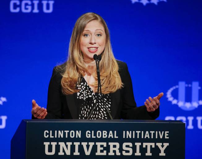  In this March 2, 2014, file photo, Chelsea Clinton, vice chair of the Clinton Foundation, speaks during a student conference for the Clinton Global Initiative University at Arizona State University in Tempe, Ariz.