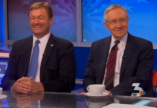 U.S. Sens. Dean Heller, left, and Harry Reid appear on the KSNV-TV show "What's Your Point?" on Friday, April 18, 2014. The two Nevadans are shown in a screen shot from a video of the show.
