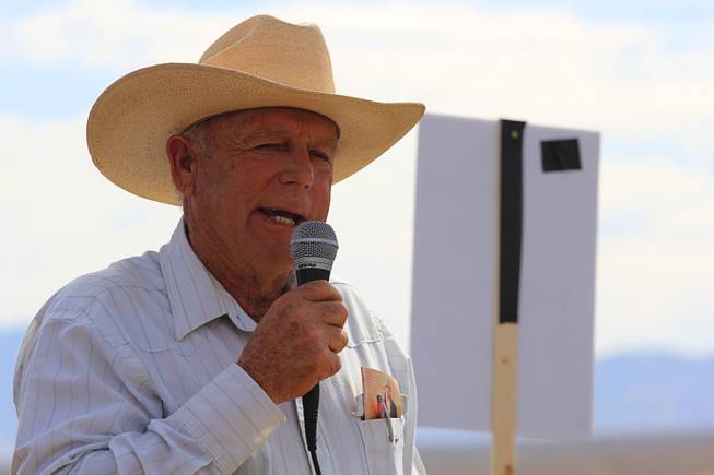 Rancher Cliven Bundy speaks to supporters before the April 12, 2014 stand-off between the Bureau of Land Management and Bundy supporters near Bunkerville, Nevada. The BLM eventually called off their roundup of Bundy cattle citing safety concerns. Courtesy of Shannon Bushman.